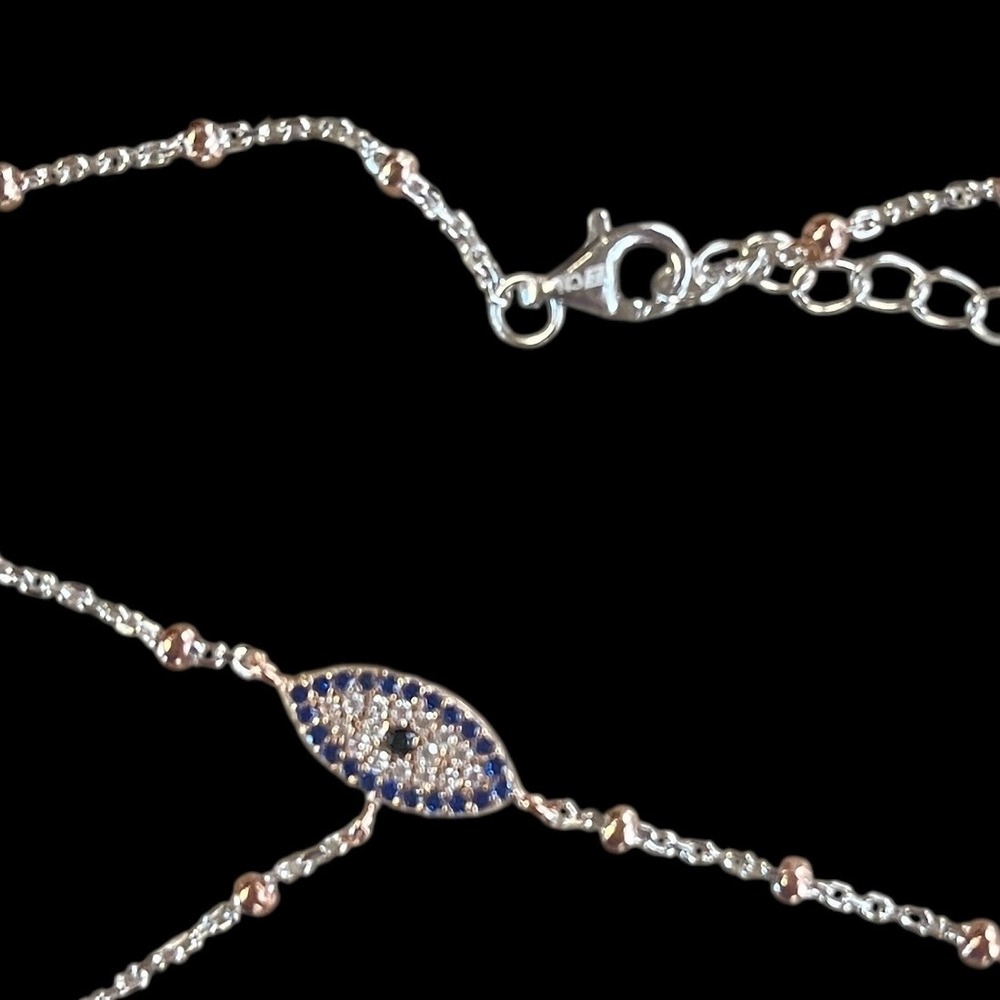 Evil Eye Necklace Y-Drop Lariat Silver-Tone Blue CZ Adjustable Chain Protection - Picture 4 of 8